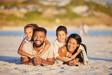 Image showing Family, parents and children lying on beach sand, travel and smile in portrait, love and vacation with mockup space. Man, woman and kids with tourism in Mexico and bonding together outdoor with care