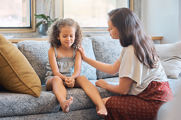 Image showing Sad, communication and a mother with a child for love, empathy and listening to a problem. Care, mental health and mom with support for a little girl after bullying, school stress or depression