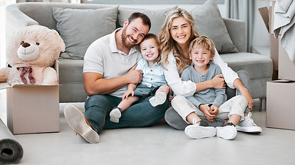 Image showing Moving, smile and portrait of family in new house for property, investment and future. Real estate, happy and rent with parents and children in living room of home for relocation, homeowner and relax