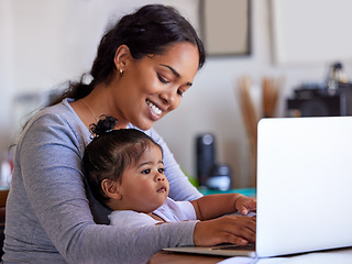 Image showing Laptop, baby and work from home mom typing, child care and planning business, job and family support or parent multitask. Computer of happy woman, busy mother or freelance person for career and child