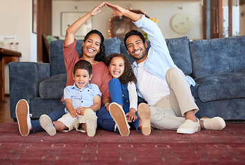 Image showing Insurance, house and portrait of family in living room for protection, policy and real estate. Roof, property and security with parents and children at home for support, investment and future