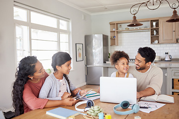 Image showing Online school, laptop and parents with their children in the dining room of their family house. Technology, distance learning and kid students working on homework with their mother and father at home