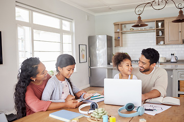 Image showing Elearning, laptop and parents with their kids in the dining room of their family house. Technology, home school and children students working on online homework with their mother and father at home.