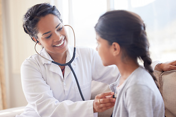 Image showing Doctor, cardiology and young child at a hospital and clinic for health consultation with a smile. Healthcare, wellness and pediatrician with kid listening to heart for medical consulting with expert