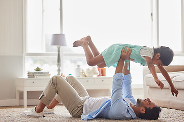 Image showing Love, airplane and father with girl on a floor for games, fun and playing in their home together. Happy, flying and child with parent in living room for bonding, relax and enjoying weekend in lounge