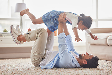 Image showing Game, airplane and father with girl on a floor with love, fun and playing in their home together. Happy, flying and child with parent in living room for bonding, relax and enjoying weekend in lounge