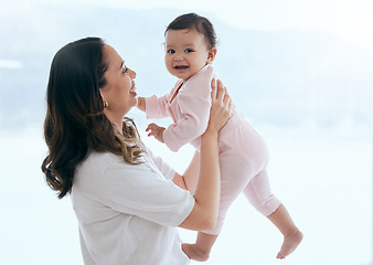 Image showing Baby laugh, portrait and mom in a home with newborn, care and parent love together feeling happy. Face, family and young child with mother and happiness in house with mama and childcare in lounge