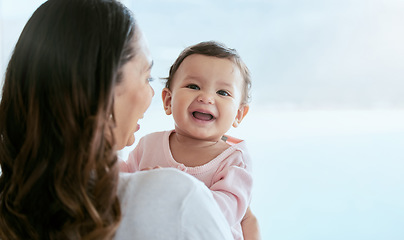 Image showing Baby laughing, portrait and mom in a home with newborn, care and parent love together with mockup. Face, family and young girl child with mother back in a house with mama and childcare in lounge