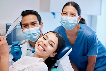 Image showing Smile, mirror and portrait of woman with dentist after teeth whitening, service and dental care. Healthcare, dentistry and female patient with orthodontist for oral hygiene, wellness and cleaning