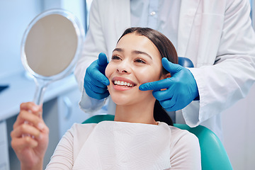 Image showing Dentist, mirror and woman with smile after consulting for teeth whitening, service and dental care. Healthcare, dentistry and female patient with orthodontist for oral hygiene, wellness and cleaning