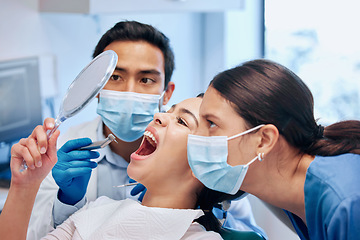 Image showing Dentist, mirror and woman check mouth after teeth whitening, service and dental care. Healthcare, dentistry and female patient with orthodontist for oral hygiene, wellness or cleaning in consultation