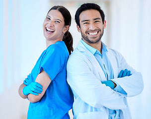 Image showing Dentist, laugh portrait and arms crossed with assistant and funny joke at dental office and clinic. Comedy, woman and healthcare professional with happiness and laughing in workplace with smile