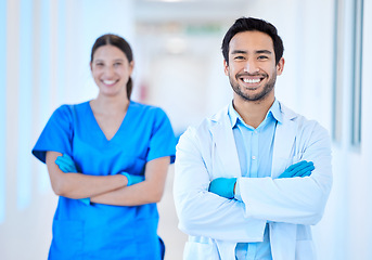 Image showing Dentist, portrait and arms crossed with woman assistant and motivation at dental office and clinic. Success, happy worker and healthcare professional in medical workplace for orthodontist consulting