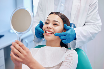 Image showing Dentist, mirror and woman check smile after teeth cleaning, braces and dental consultation. Healthcare, dentistry and happy female patient with orthodontist for oral hygiene, wellness and cleaning