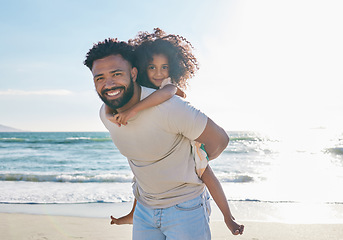 Image showing Father, girl child and piggyback on beach with travel, smile in portrait with love and people on vacation in Mexico. Happy family, kid hug man with care outdoor, ocean and tourism with mockup space