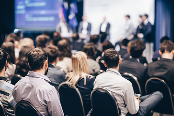 Image showing Round table discussion at business conference meeting event.. Audience at the conference hall. Business and entrepreneurship symposium.