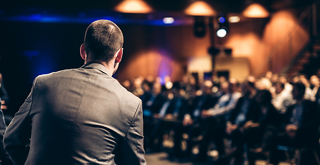 Image showing Public speaker giving talk at Business Event.