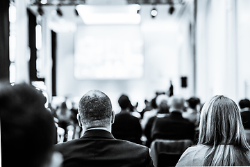 Image showing Speaker giving a talk in conference hall at business event. Rear view of unrecognizable people in audience at conference hall. Business and entrepreneurship concept. Black and white selenium image