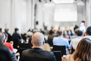 Image showing Round table discussion at business conference meeting event.. Audience at the conference hall. Business and entrepreneurship symposium.