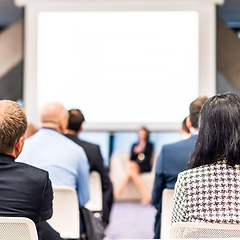 Image showing Woman giving presentation on business conference event.