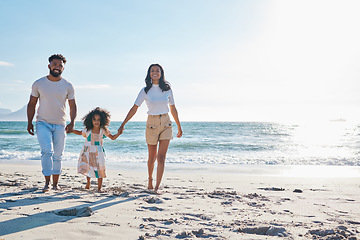 Image showing Family, holding hands with parents and child on beach, travel and people walking together on sand and mockup space. Love, care and man with woman and girl outdoor, tourism and vacation in Mexico
