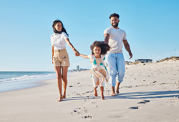 Image showing Happy family, beach and parents walking with a child excited for the sea, ocean and vacation together in happiness. Travel, mother and father playing piggyback with a kid on a holiday in summer