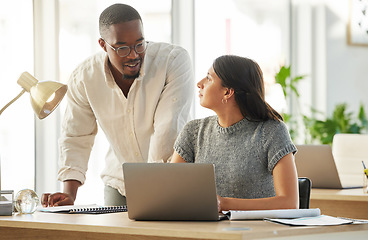 Image showing Laptop, black man or manager coaching a woman for advice, leadership or research in digital agency. Project, boss or person helping, training or speaking of SEO data or online business to employee