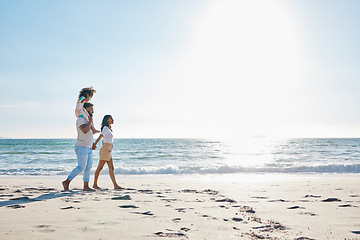 Image showing Walking, beach and family on holiday, summer and stress relief with happiness, relax and weekend break. Parents, mother and father with female kid, tropical island and seaside vacation for travelling