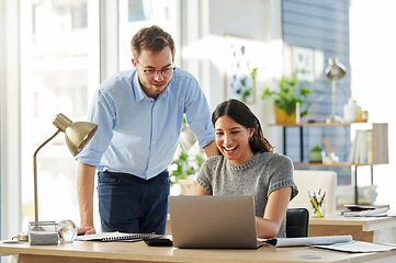 Image showing Laptop, teaching or manager coaching a happy woman for advice, leadership or research in digital agency. Learn, smile or boss helping, training or speaking of SEO data or online business to employee