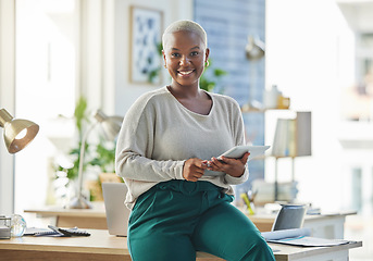 Image showing Research, business or portrait of black woman with tablet networking or searching for content at desk. Digital startup or happy African employee typing online in office with positive mindset or smile