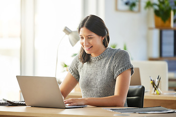 Image showing Laptop, business and woman typing, accountant and working on internet project in office workplace. Auditor, computer and happy female professional writing email, report or research for bookkeeping.