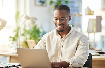 Image showing Black business man, startup and typing with laptop, smile and happy with web design, planning or development. African developer, businessman or entrepreneur with computer for coding in modern office