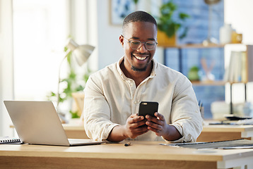 Image showing African business man, texting and phone in office with smile, connection and meme on social media app. Happy black businessman, typing and smartphone for networking, contact and reading blog on web