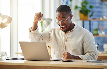 Image showing Black business man, celebration and laptop with smile, winning or excited for profit, trading or promotion. African businessman, winner and celebrate by computer, gambling or esports in modern office