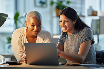 Image showing Laptop, teaching or manager coaching a black woman for advice, leadership or research at night in office. Learn, smile or boss helping, training or speaking of digital or online business to employee