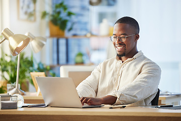 Image showing Laptop, business and black man typing, writer and working on web project in office workplace. Smile, computer and African male professional, copywriter and writing email, report or research proposal.