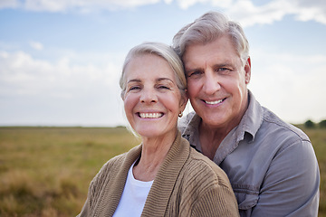 Image showing Love, hug and happy with portrait of old couple in nature for bonding, smile and romance. Calm, retirement and support with senior man and woman in countryside for affectionate, holiday and vacation