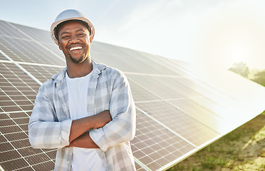 Image showing Man, engineer and solar panel on a farm for renewable energy, sustainability and eco environment. Portrait of a black male electrician happy about innovation, photovoltaic system and maintenance