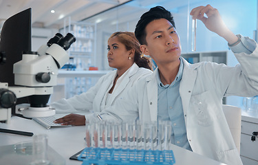 Image showing Sample analysis, science and scientist in a lab for research, chemistry test and chemical work. Futuristic, physics and a male laboratory technician with liquid for pharmaceutical exam and innovation