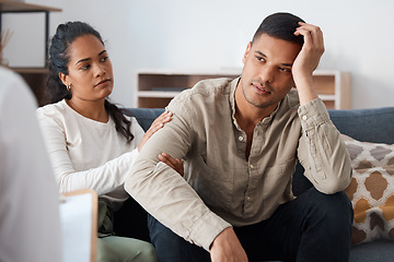 Image showing Couple on couch, therapy and marriage counselling, support and love for relationship advice together. Stress, man and woman with therapist in conversation, healthy communication and healing with help