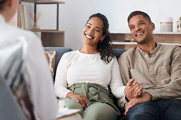 Image showing Happy couple on sofa, therapy and marriage counselling, support and love with relationship advice together. Smile, man and woman with therapist in conversation, healthy communication and healing help
