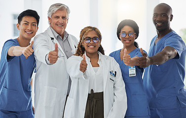 Image showing Thumbs up portrait, doctors and team of nurses together in happy hospital. Face, like hand and medical professionals, surgeons or group emoji for success, collaboration and support for healthcare.