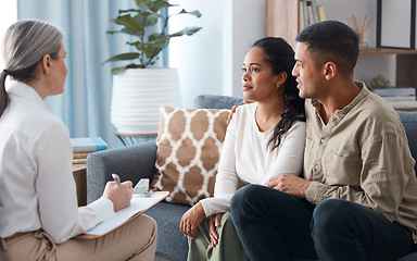 Image showing Couple on sofa, therapist and counselling for support, love and help with relationship advice together. Man, woman and psychologist in conversation, healthy communication and healing marriage therapy