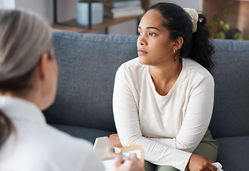 Image showing Thinking psychologist, therapy and woman in consultation for mental health on sofa. Therapist, psychology and female patient consulting, counseling and discussion for depression, memory and problem.