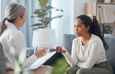 Image showing Psychologist, therapy and woman talking in consultation for mental health in office. Therapist, psychology and female patient consulting, counseling and discussion for depression, stress and crying.