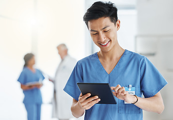 Image showing Asian man, smile and nurse with tablet for research, telehealth or healthcare in hospital. Technology, medical professional and male doctor with touchscreen, wellness app and online consultation.