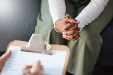 Image showing Woman, hands and therapist writing on clipboard in consultation for mental health, psychology or healthcare. Hand of female person or psychologist consulting patient with anxiety or stress in therapy