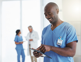 Image showing Smile, black man and nurse with tablet in hospital for research, telehealth or healthcare. Technology, medical professional and African male doctor with touchscreen, wellness app and internet email.