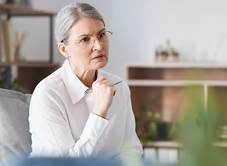 Image showing Serious woman, therapist and listening in therapy session, mental health or psychology healthcare counseling. Female person or psychologist in concern for patient, anxiety or stress in consultation