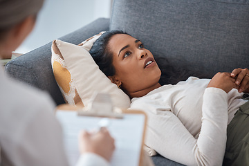 Image showing Therapist, psychology and woman lying on sofa in consultation for mental health. Therapy, psychologist and female patient consulting, counseling and thinking about depression, problem and talking.